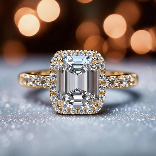 Victoria‘s Radiance | 2CT Emerald Cut Halo Moissanite Ring