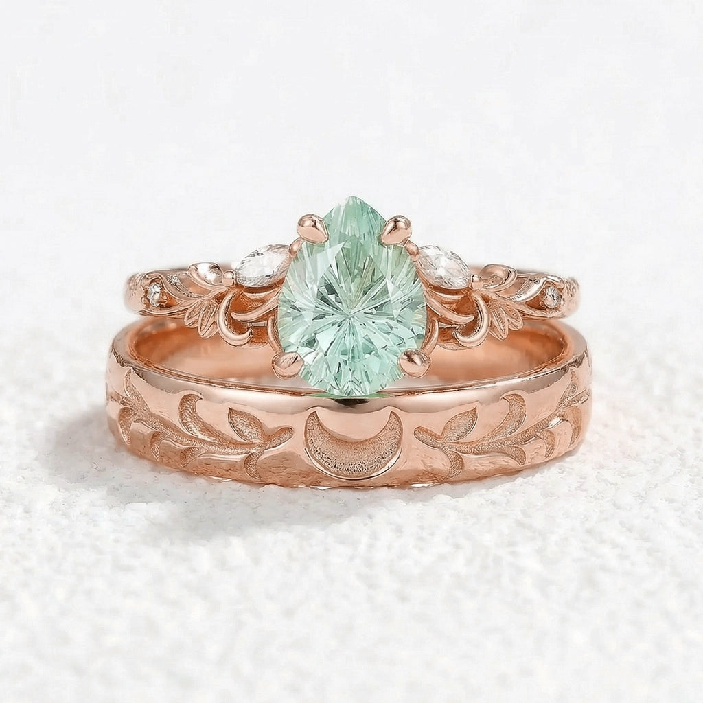 Selene’s Grove | Pear Green Sapphire & Moon Phase Couple Ring Set