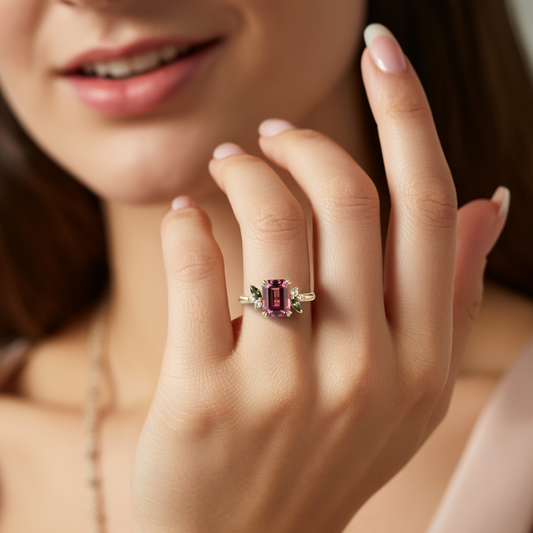 Virelia Vintage 3CT Emerald-Cut Entwined Branch Pink Gemstone Ring