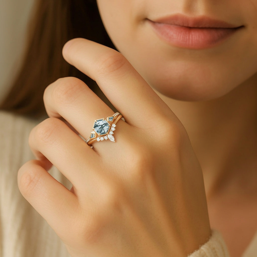 Linden’s Meadow |  Hexagon Moss Agate Three Stone Bridal Set 2pcs