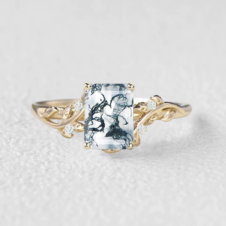 Sheryl Emerald Cut Moss Agate Leafy Engagement Ring