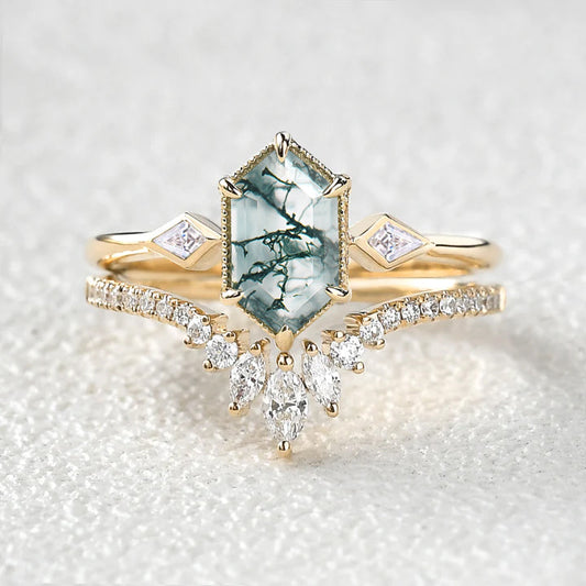 Long Hexagon Moss Agate Three Stone Engagement Ring Set 2pcs
