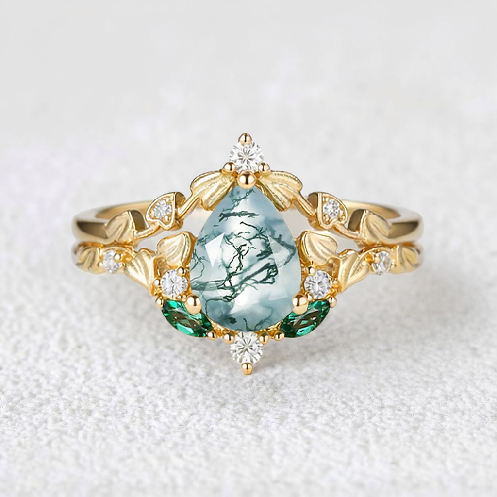 Unique Heart Leaf Moss Agate Engagement Ring Set