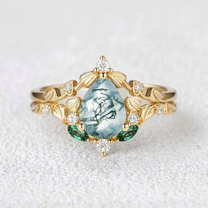 Unique Heart Leaf Moss Agate Engagement Ring Set