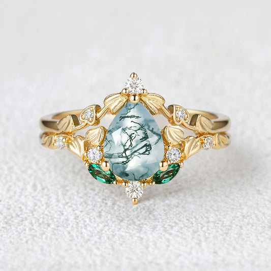 Unique Heart Leaf Moss Agate Engagement Ring Set