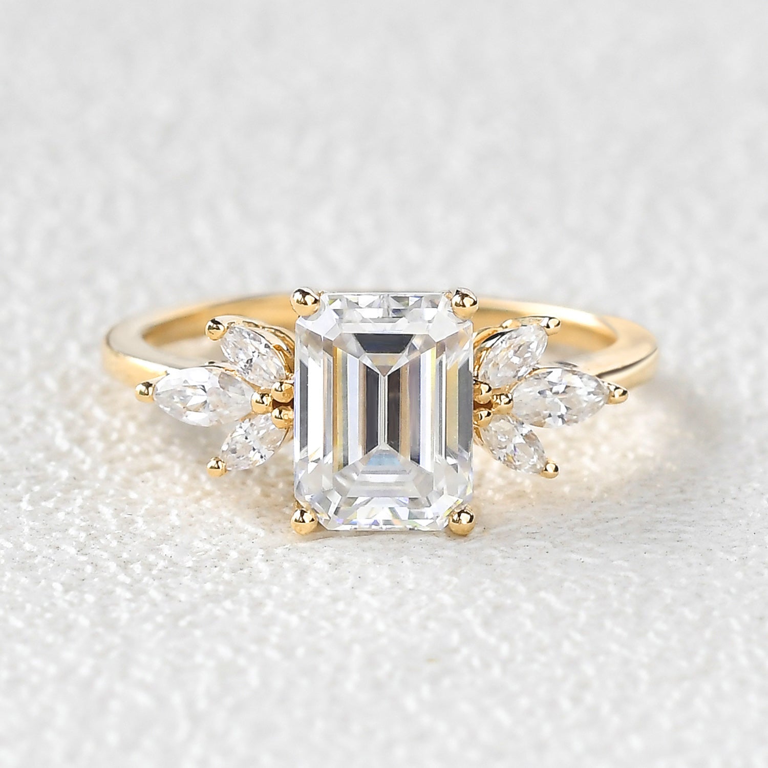 Emerald Cut Moss Agate Cluster Engagement Ring