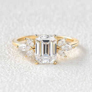 Emerald Cut Moss Agate Cluster Engagement Ring