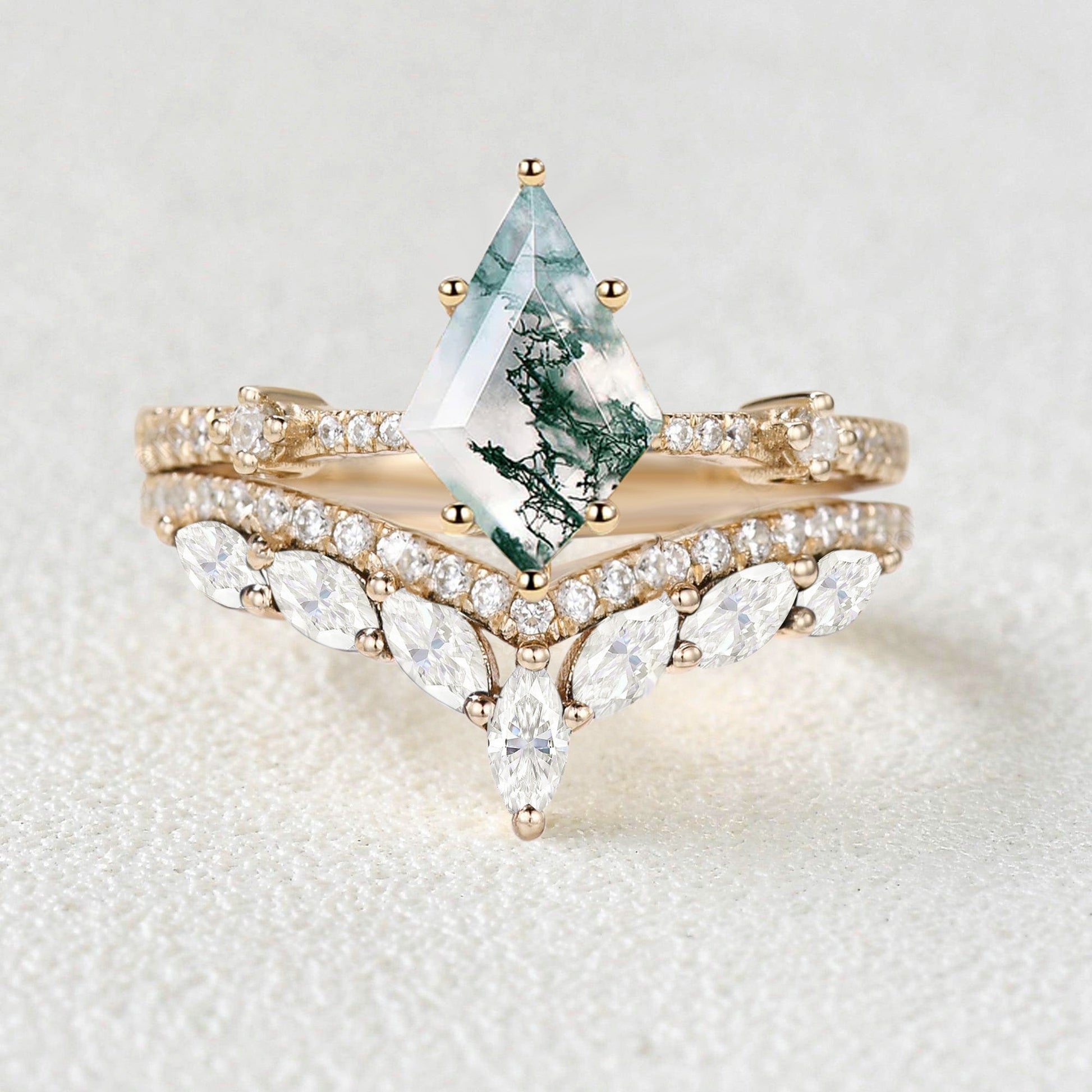 1.5ct Kite Cut Moss Agate Vintage Ring Set 2pcs