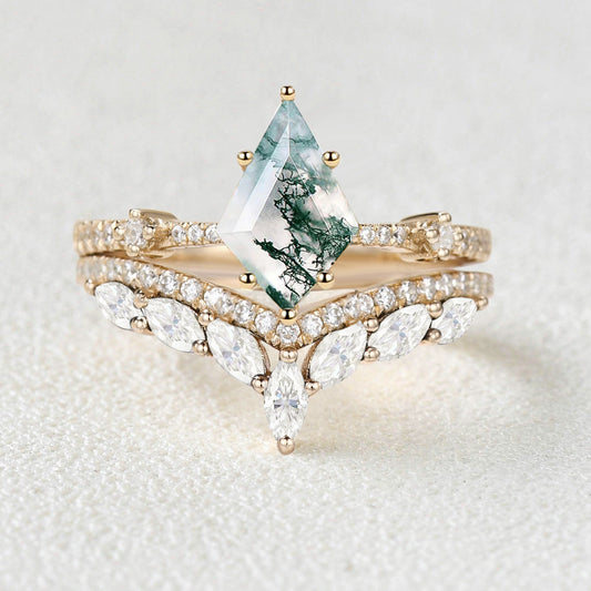1.5ct Kite Cut Moss Agate Vintage Ring Set 2pcs