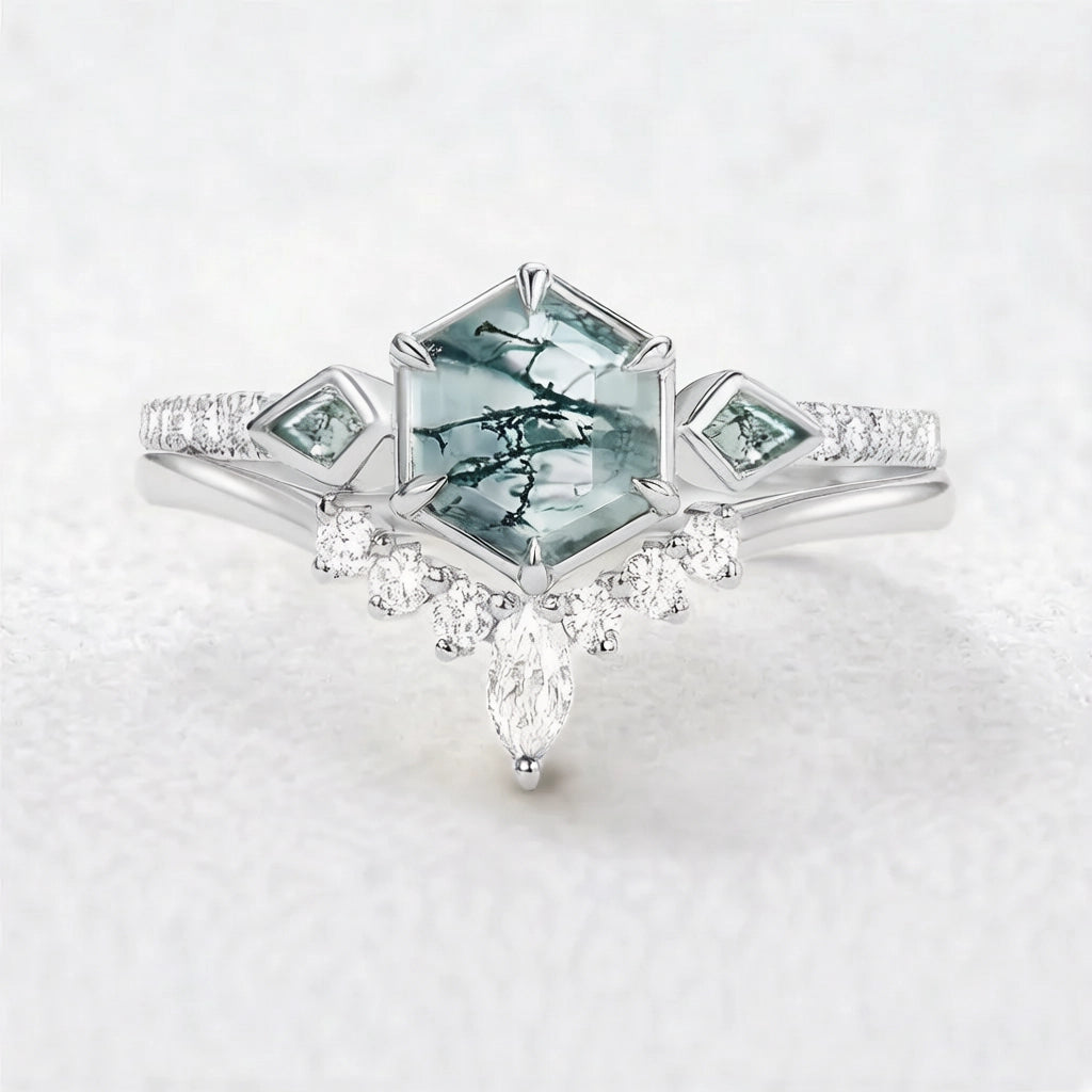 Linden’s Meadow |  Hexagon Moss Agate Three Stone Bridal Set 2pcs