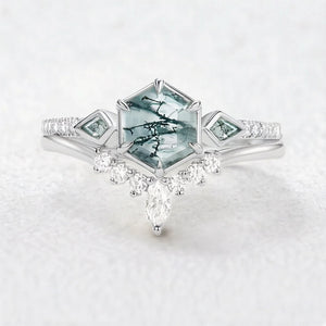 Linden’s Meadow |  Hexagon Moss Agate Three Stone Bridal Set 2pcs