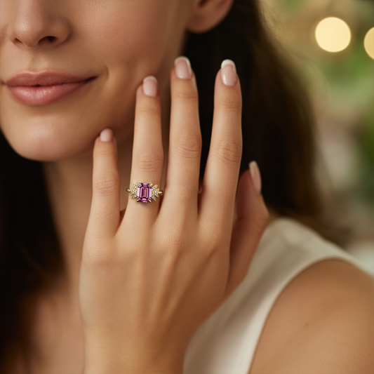 Evadne 2CT Pink Emerald-Cut Pink Gemstone Ring