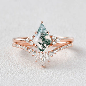 Lydia Unique Moss Agate Engagement Couple Ring Set 3pcs