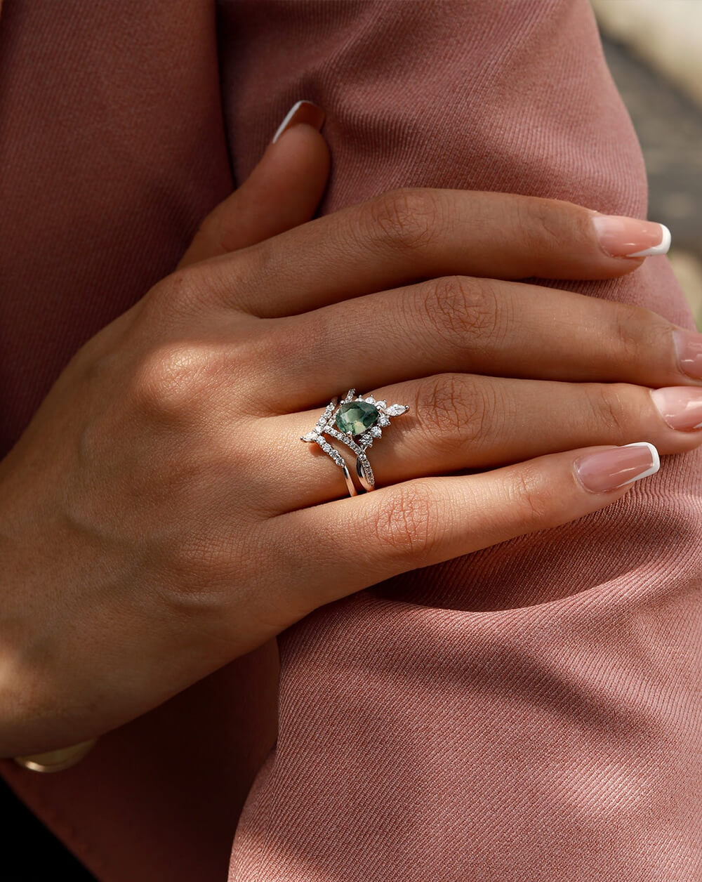 Pear Stack Moss Agate Leaf Engagement Ring Set