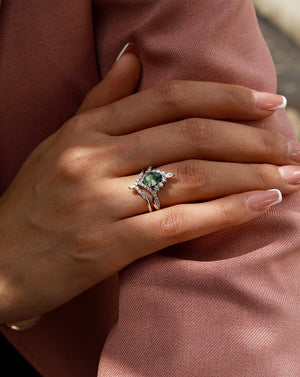 Pear Stack Moss Agate Leaf Engagement Ring Set