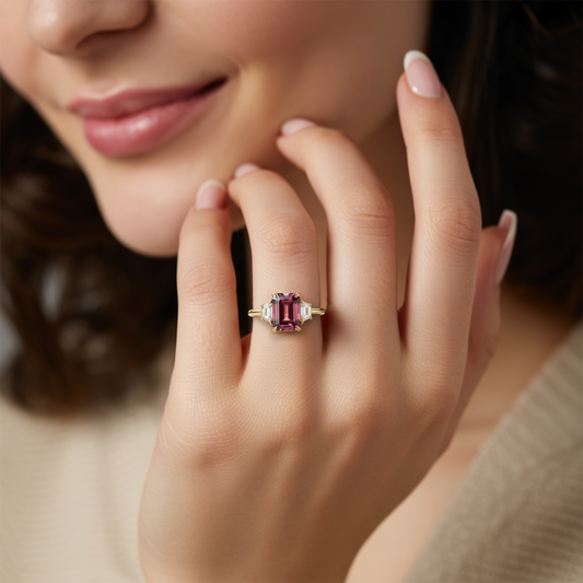 Virelia 3CT Emerald-Cut Pink Gemstone Ring