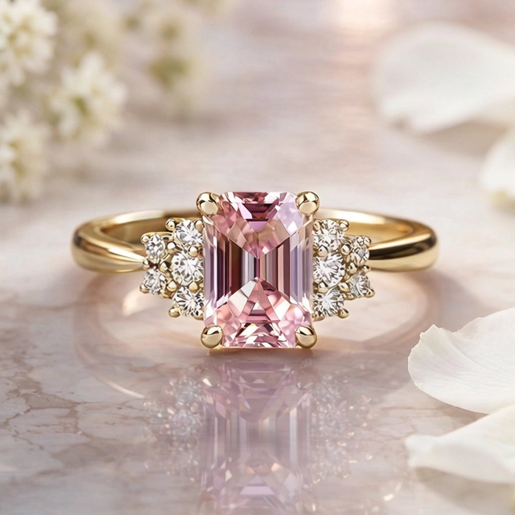 Aurora‘s Halo | 2CT Emerald Cut Pink Gemstone Ring