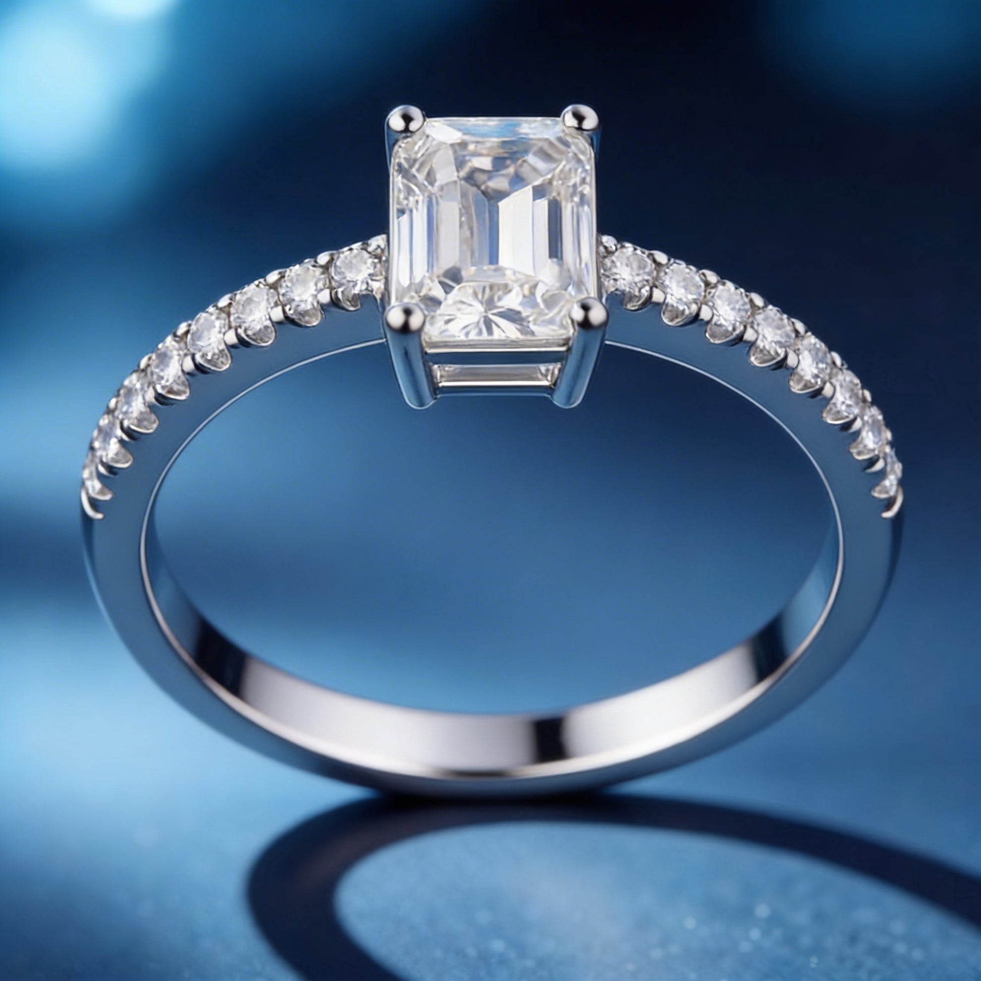 Radiant Emerald-Cut Silver Moissanite Solitaire Ring
