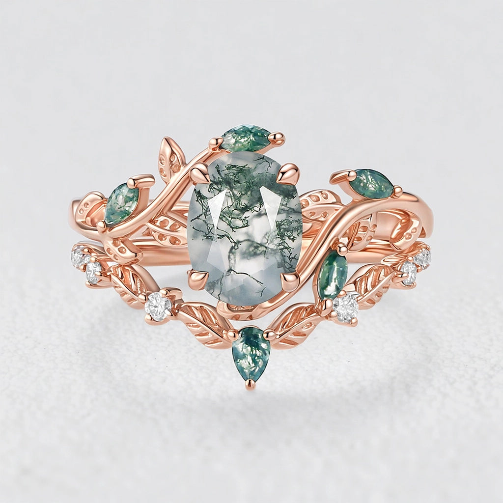 Daphne’s Vine | Oval Moss Agate Engagement Ring Set 2pcs