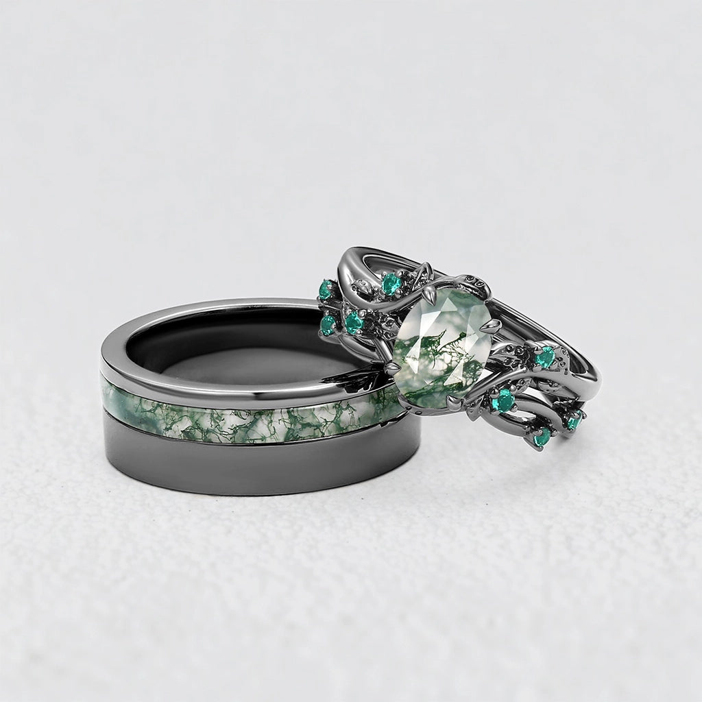 Sylvie’s Shadow | Black Gold & Oval Moss Agate Couple Ring Set 3pcs