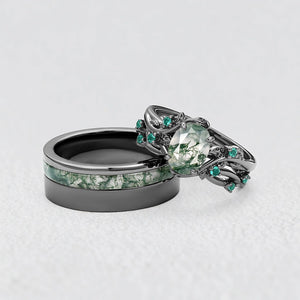 Sylvie’s Shadow | Black Gold & Oval Moss Agate Couple Ring Set 3pcs