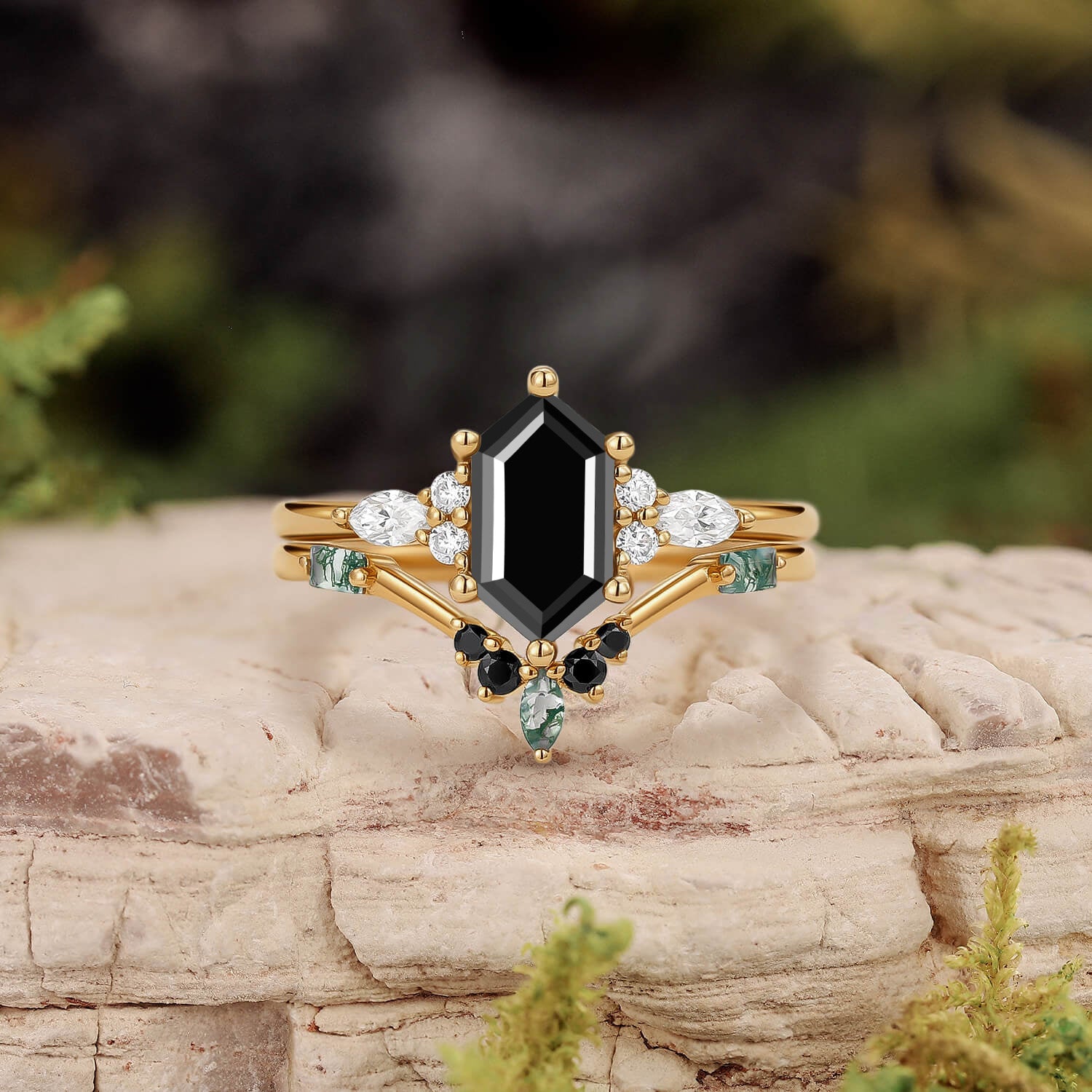 Unique Hexagon Moss Agate & Black Onyx Ring Set 2PCS