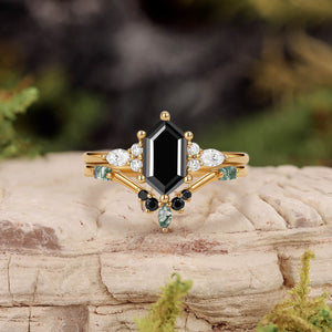 Unique Hexagon Moss Agate & Black Onyx Ring Set 2PCS