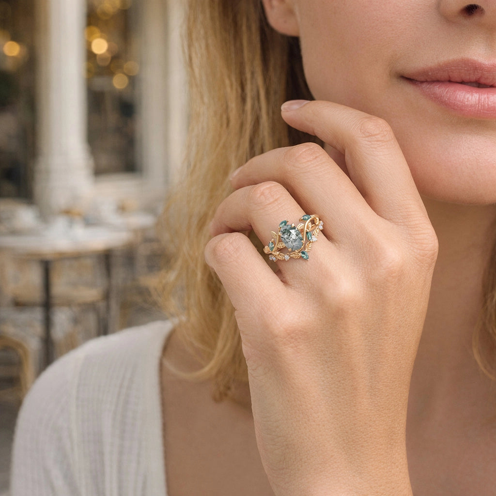 Daphne’s Vine | Oval Moss Agate Engagement Ring Set 2pcs