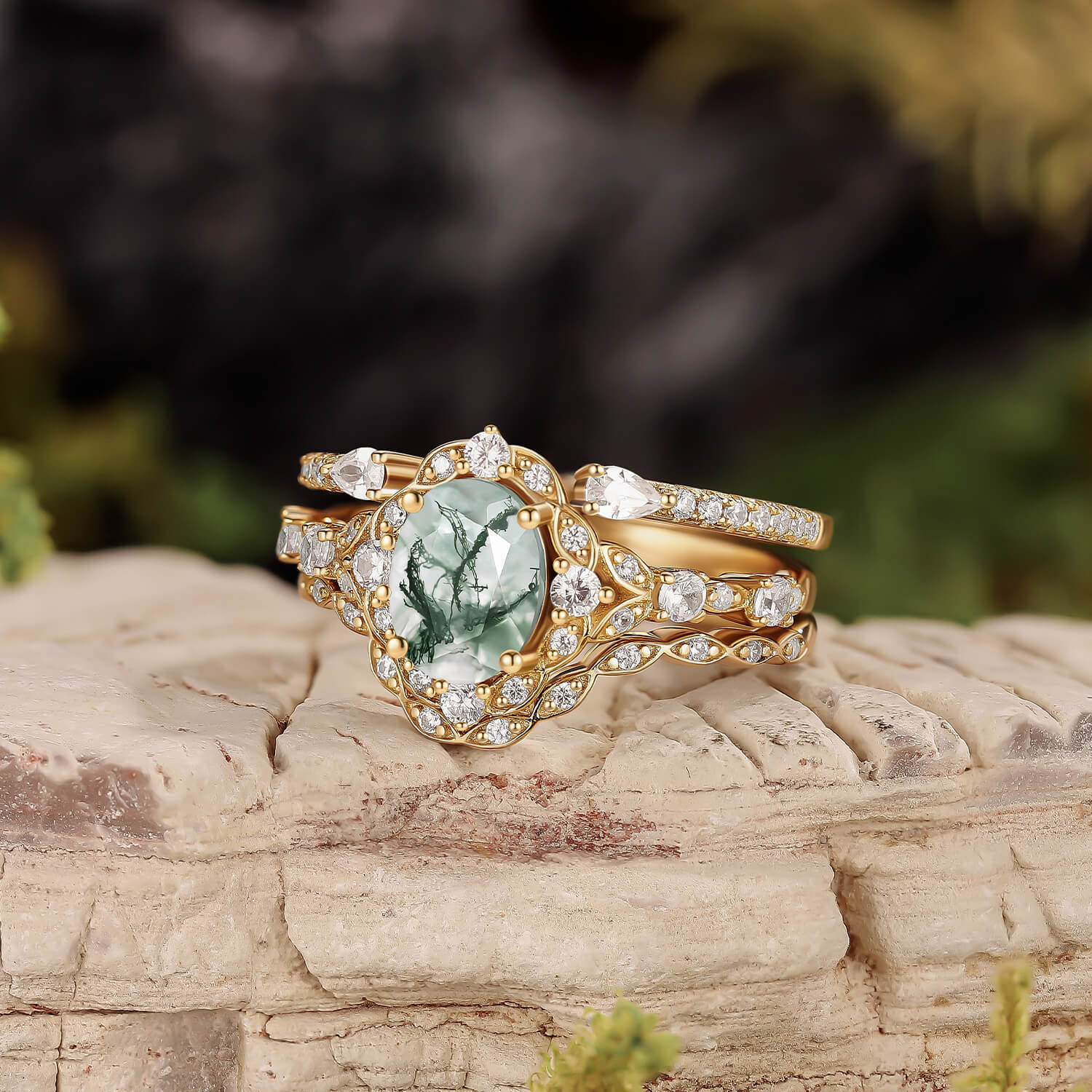 Unique Oval Cut Moss Agate Cluster Engagement Ring Set 3pcs