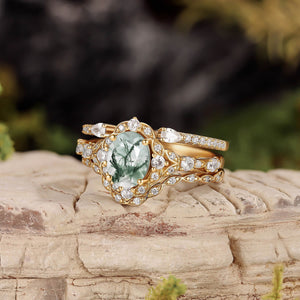 Unique Oval Cut Moss Agate Cluster Engagement Ring Set 3pcs