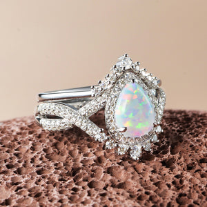 Pear Moss Agate Halo Infinity Ring Set 2pcs - Valentina