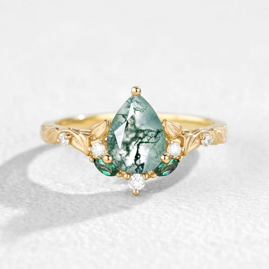 Hedera Heart Leaf Moss Agate Engagement Ring