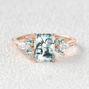 Emerald Cut Moss Agate Cluster Wing Engagement Ring