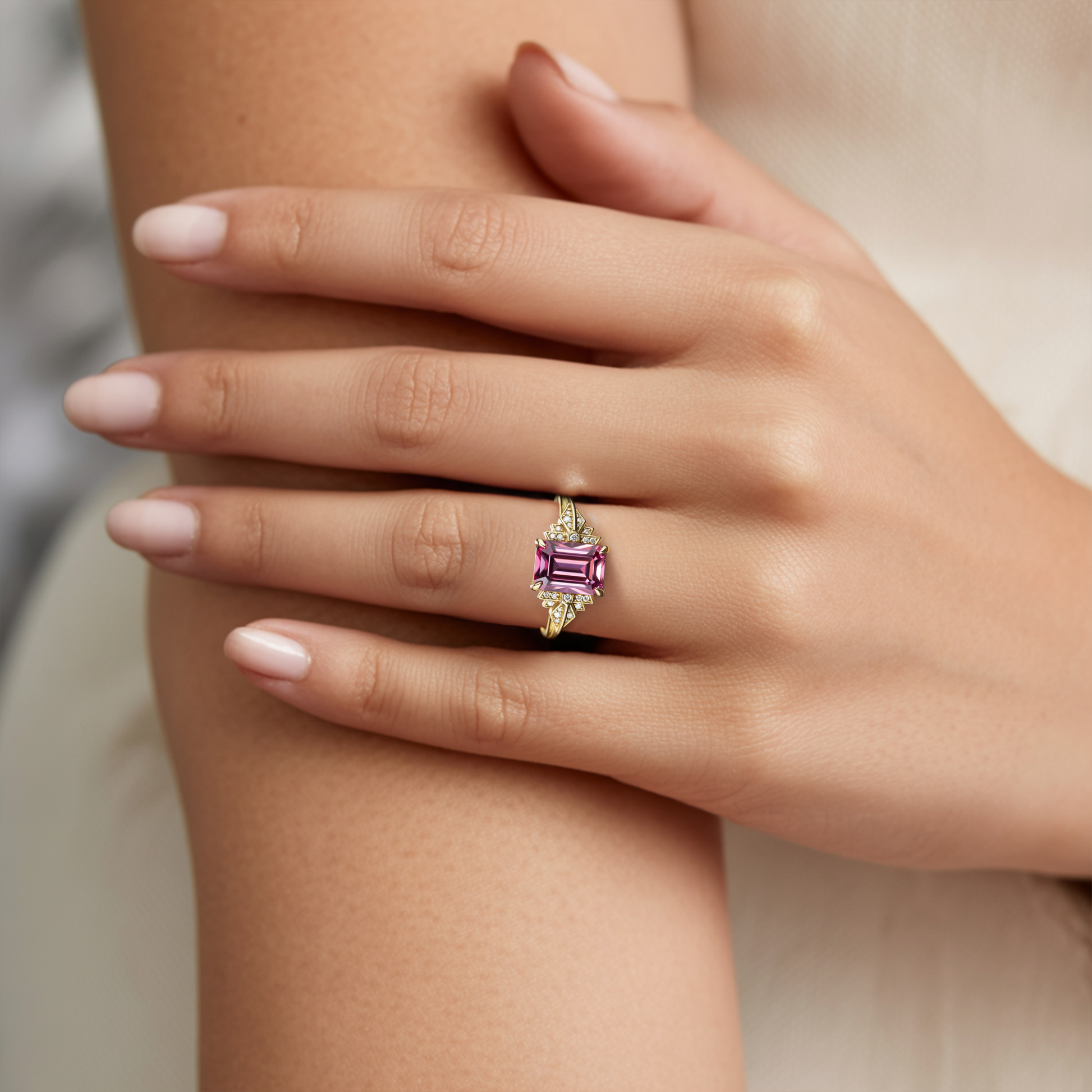 Marivelle Vintage 2CT Emerald-Cut Pink Gemstone Ring