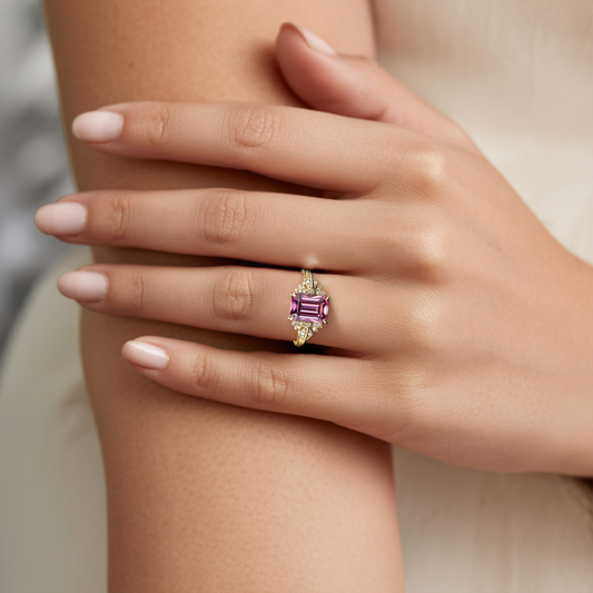 Marivelle Vintage 2CT Emerald-Cut Pink Gemstone Ring