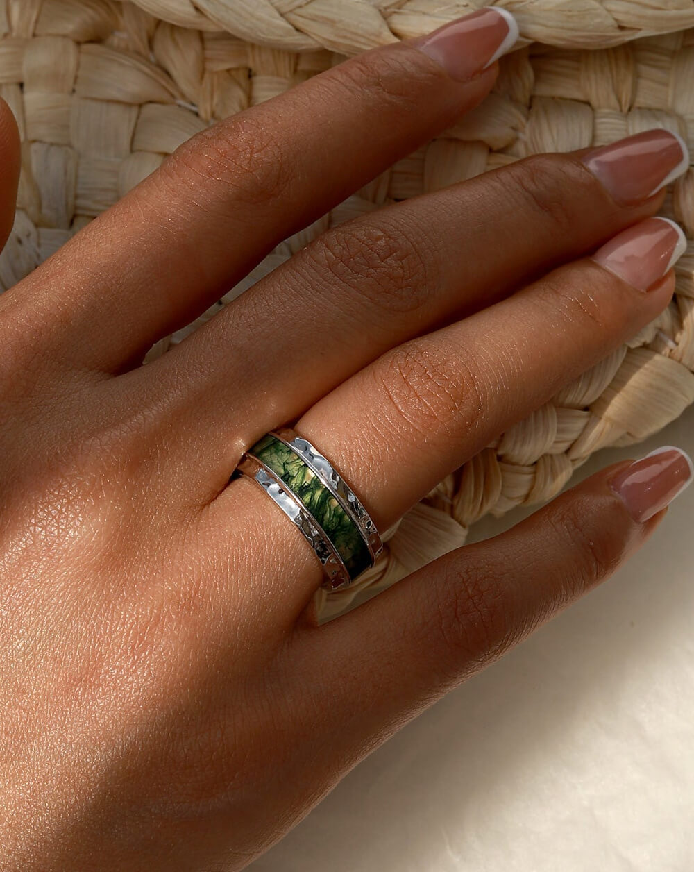 Bold Hammered Sterling Silver Moss Agate Statement Band Ring