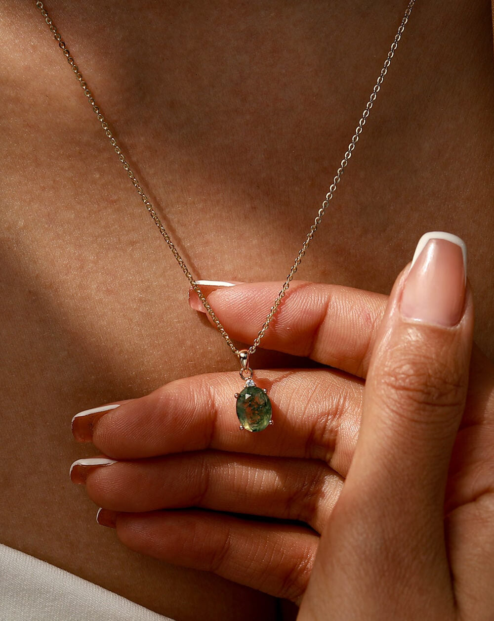 Luna Vessel Silver Moss Agate Pendant Necklace