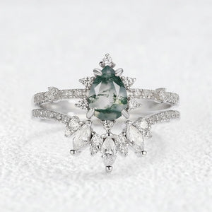 Unique Pear Cut Moss Agate Cluster Engagement Ring Set
