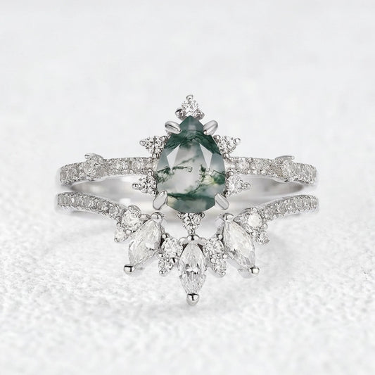 Unique Pear Cut Moss Agate Cluster Engagement Ring Set