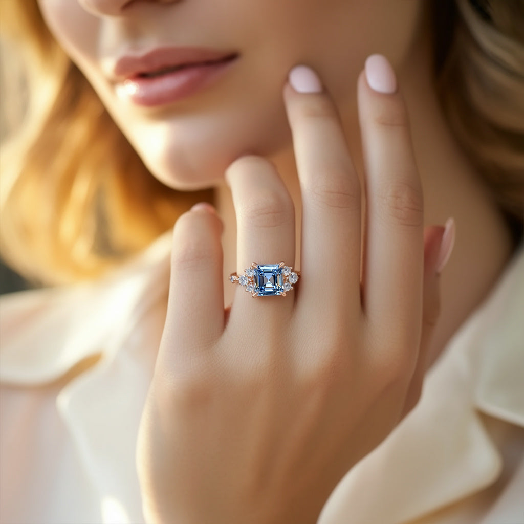 The Gisella 2CT Asscher Cut Blue Gemstone Ring