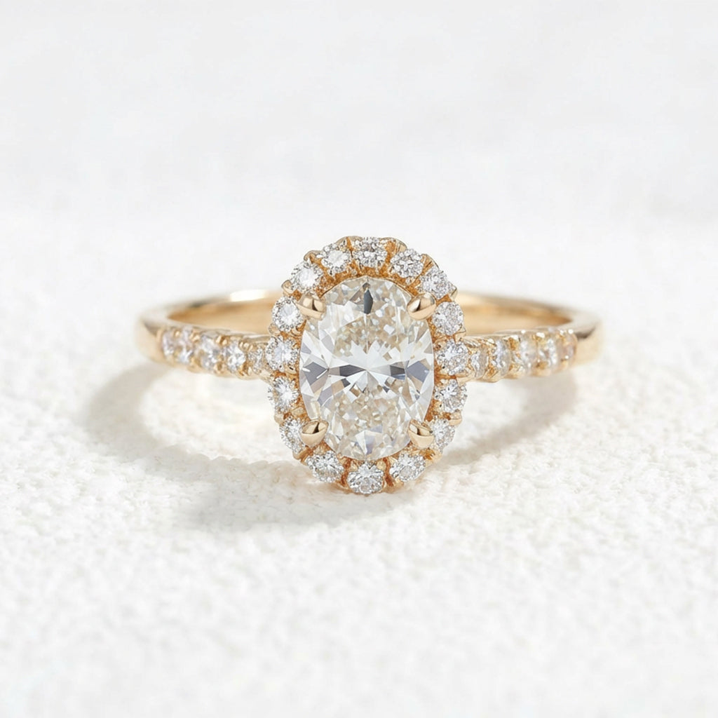 Odette‘s Halo | Oval Moissanite Ring in Morning Light