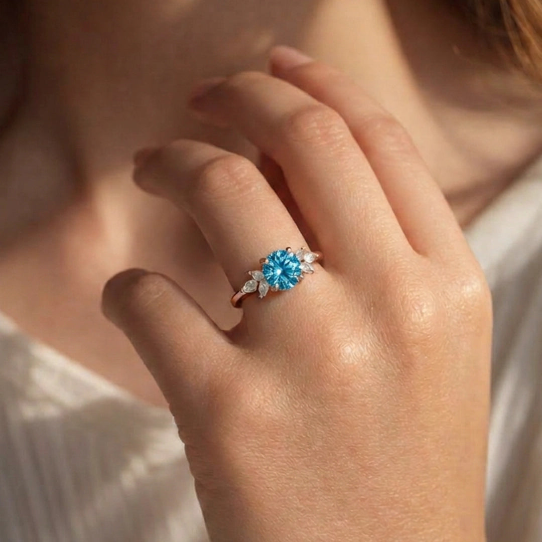 Selene’s Whisper | 1CT Round Cut Royal Blue Sapphire Vine Ring