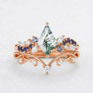 Sylvie’s Horizon | Kite Cut Moss Agate & Gradient Sapphire Bridal Set 2pcs