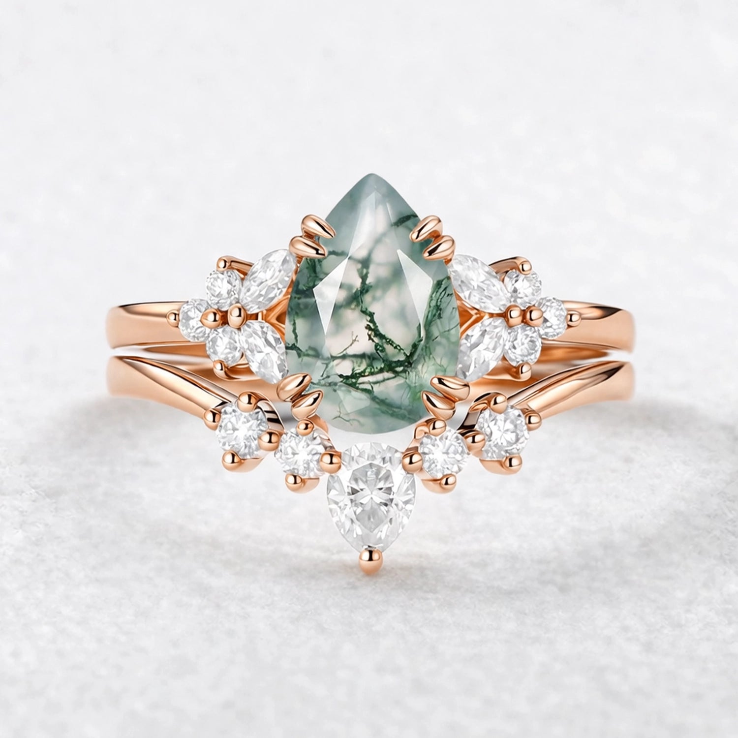 Cerys Pear Shaped Moss Agate Cluster Chevron Gold Ring Set 2pcs