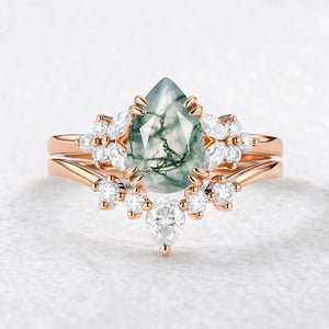 Cerys Pear Shaped Moss Agate Cluster Chevron Gold Ring Set 2pcs