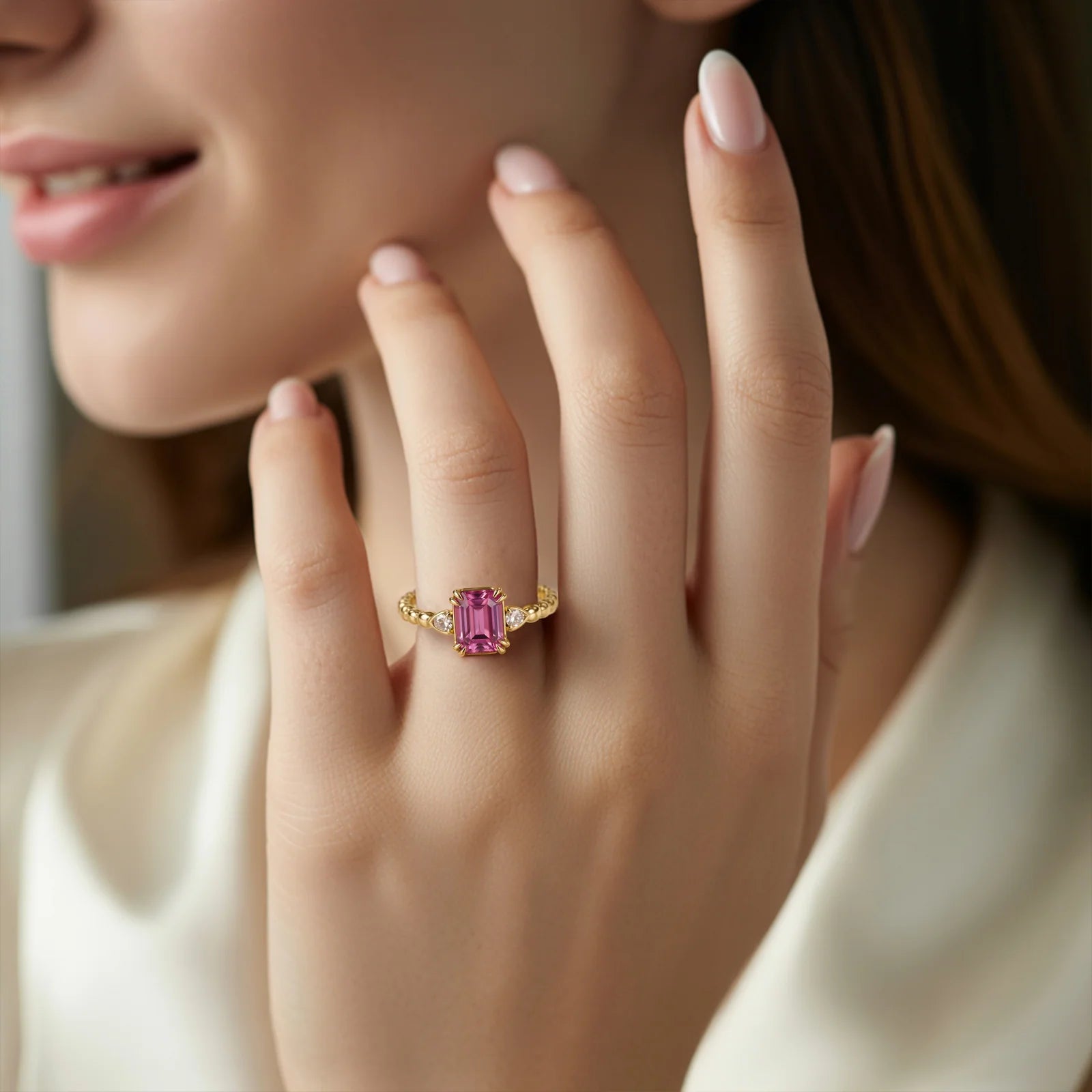 The Elowyn 2CT  Emerald-Cut Rose Pink Gemstone Ring