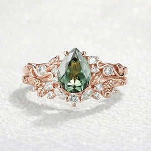 Sylvie’s Vine | Green Sapphire Leaf Wedding Ring Set 2pcs