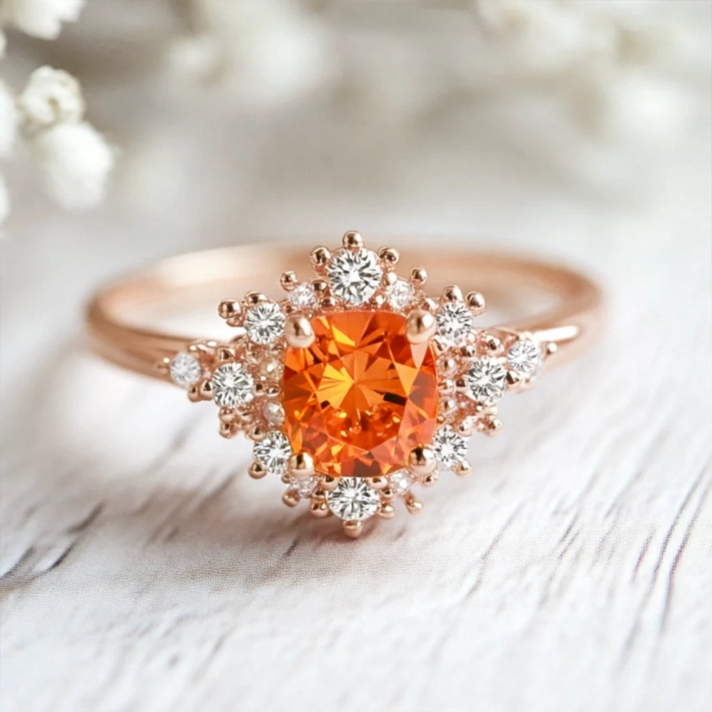 Eve's Garden 1CT Round Cut Orange Gemstone Halo Engagement Ring
