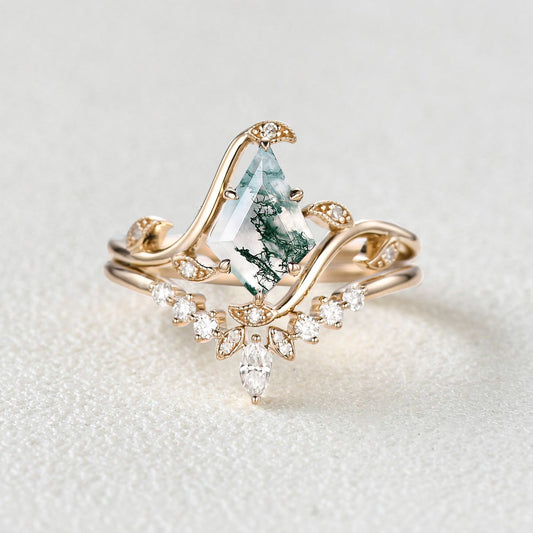 Ivy Unique Kite Cut Moss Agate Leafy Engagement Ring Sets 2pcs