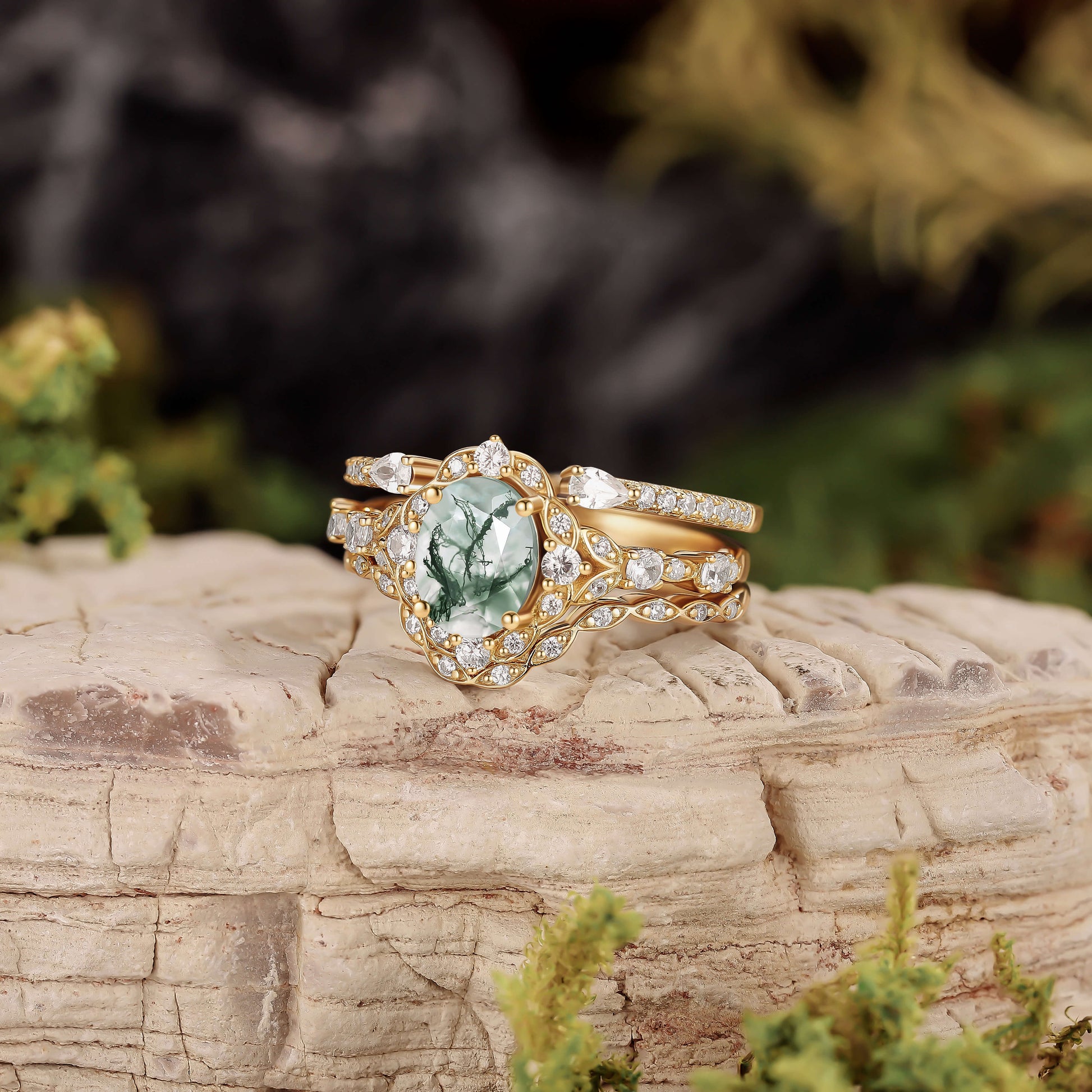 Unique Oval Cut Moss Agate Cluster Engagement Ring Set 3pcs
